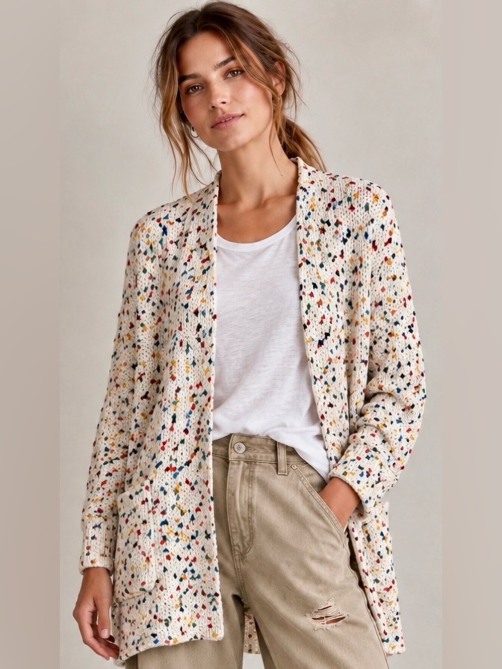 NWOT - Moon & Madison Cream Crochet Multi Colour Confetti Knit Open Cardigan